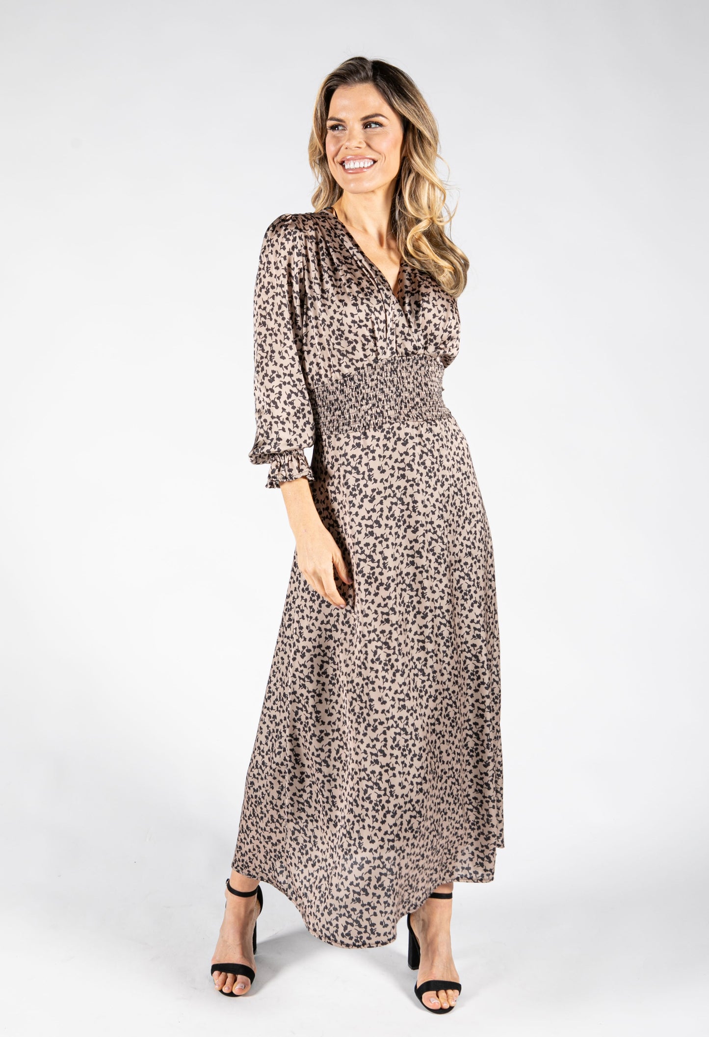 Long Sleeve Leaf Print Maxi Dress