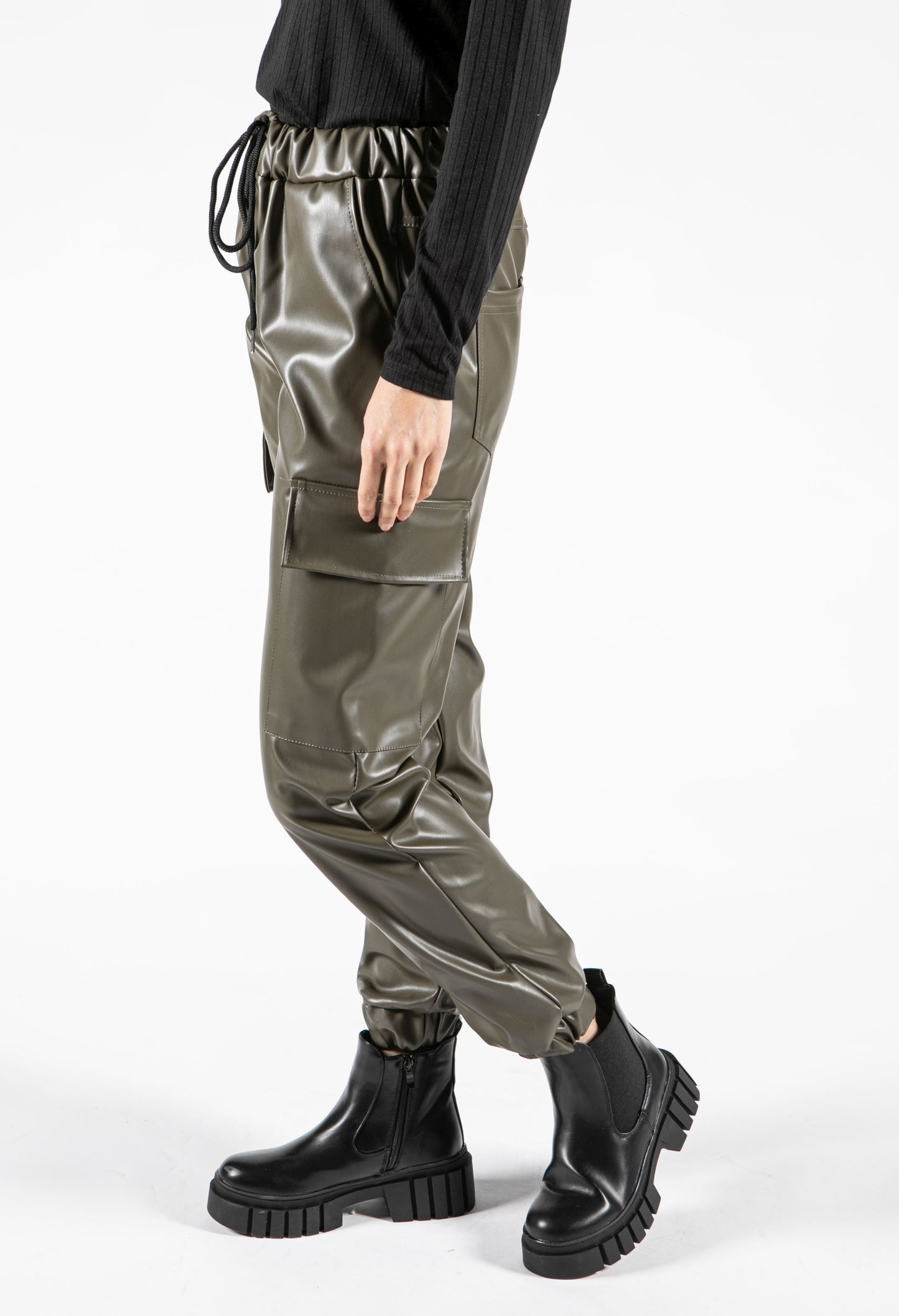 Faux Leather Cargo Style Trousers