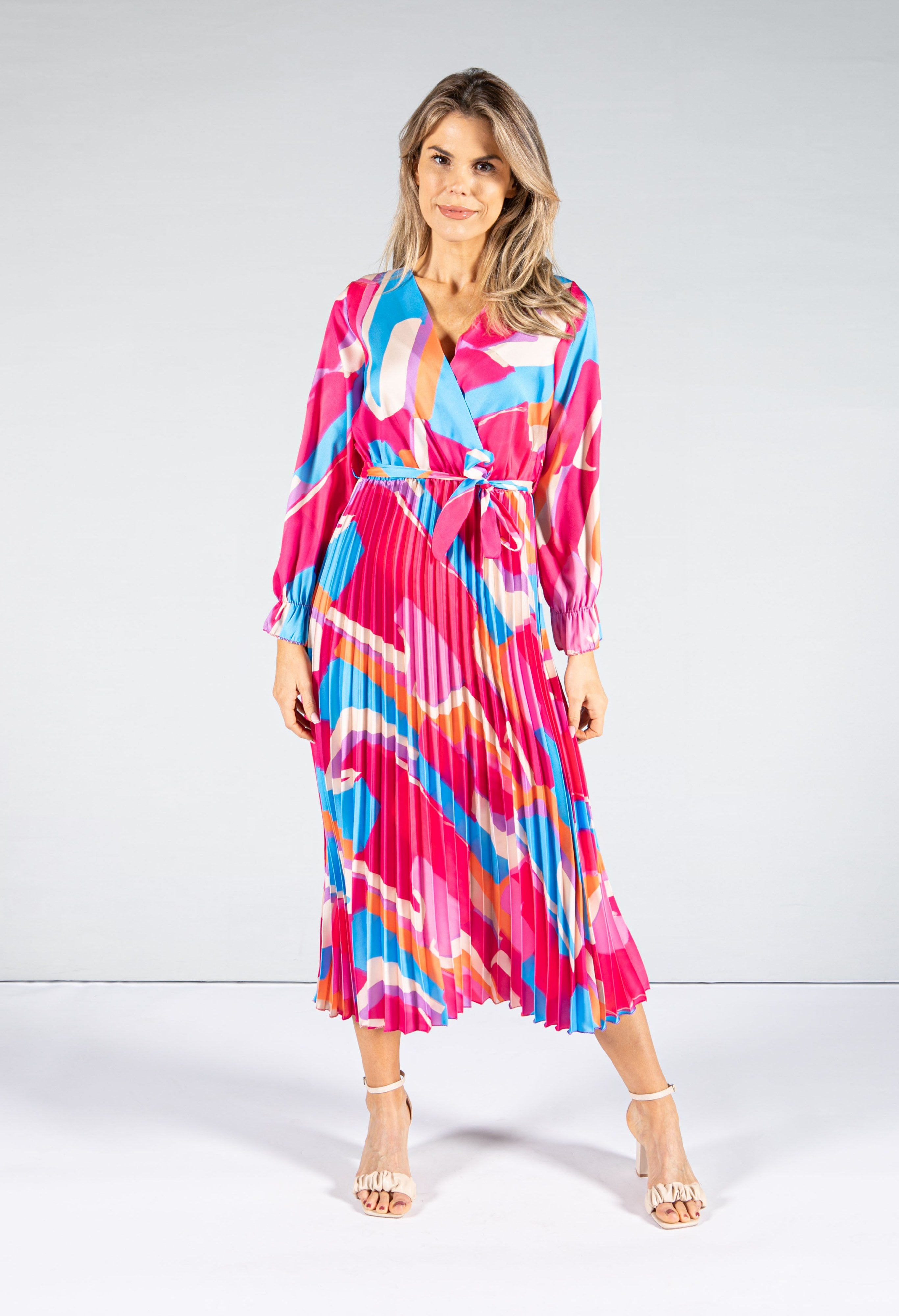 Pamela Scott Abstract Pattern Pleat Dress in Pink | Pamela Scott