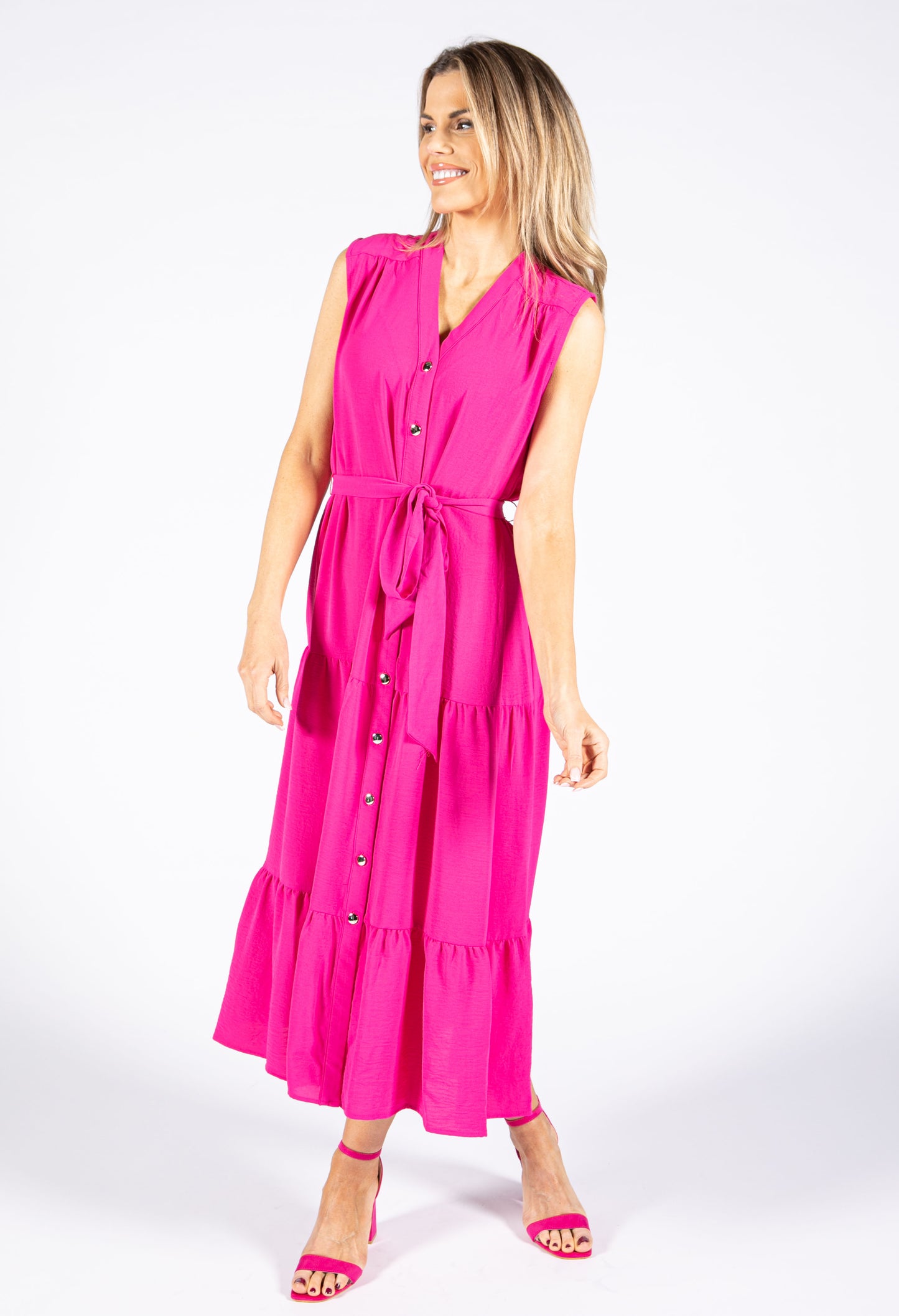 Hot Pink Tiered Button Down Dress