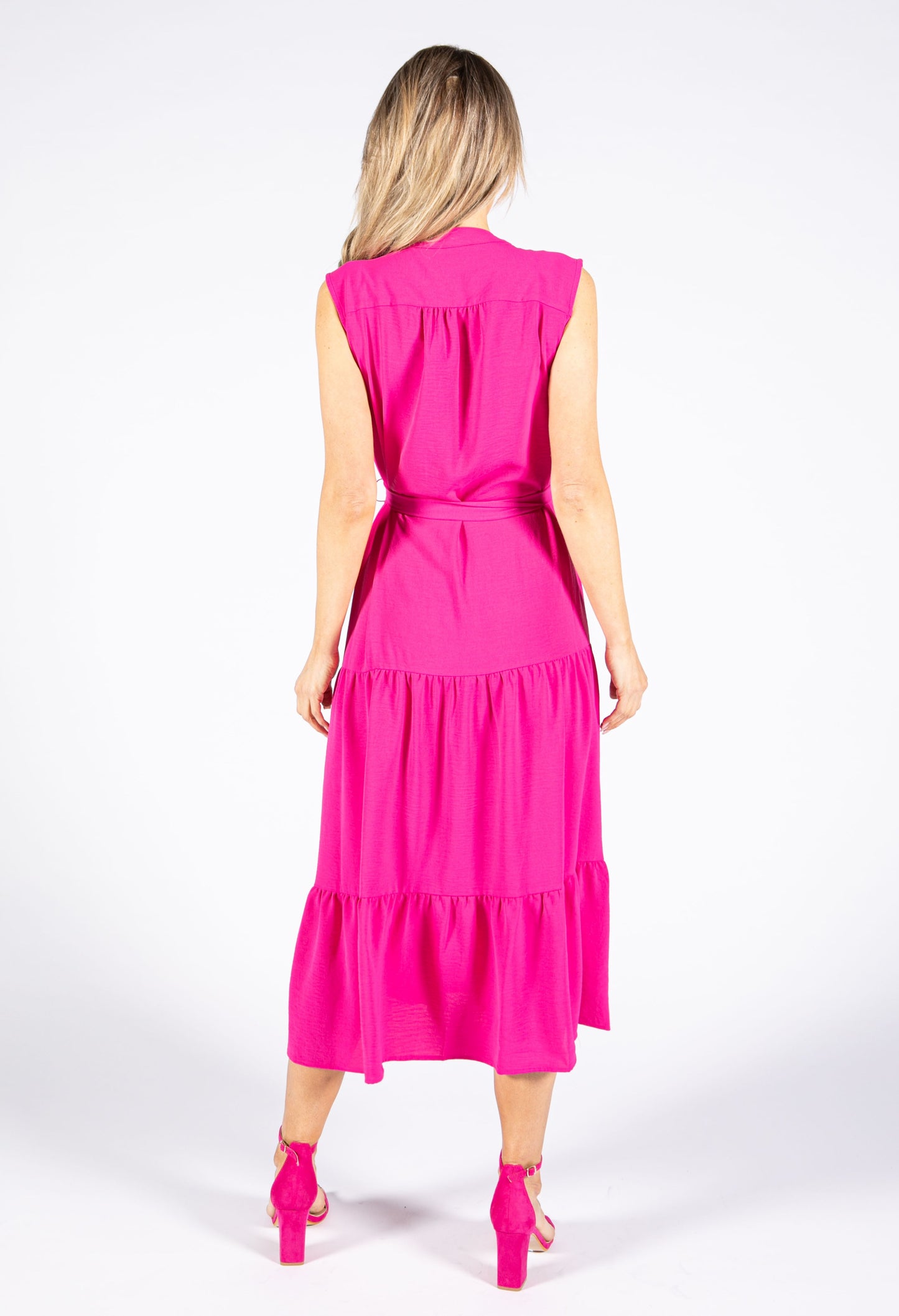 Hot Pink Tiered Button Down Dress