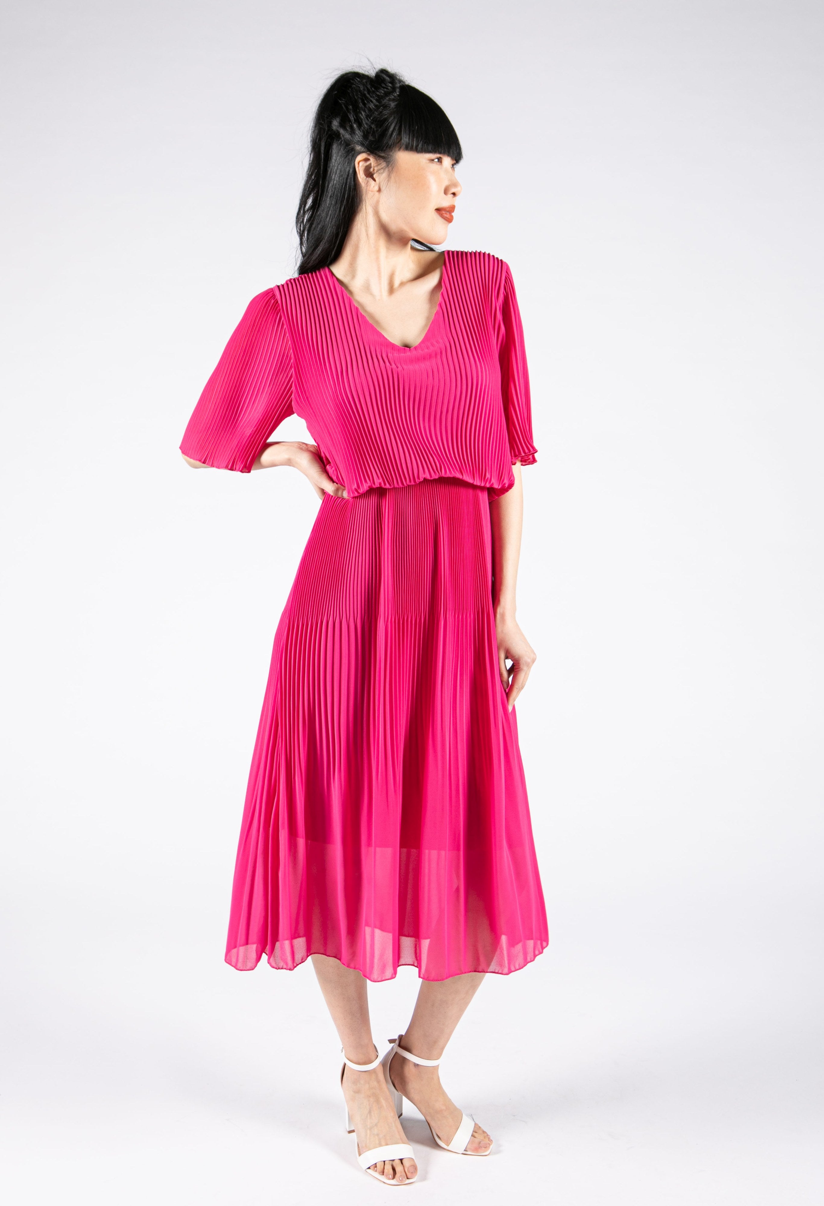 Emporium Plisse Pleat Tiered Dress in Fuchsia | Pamela Scott