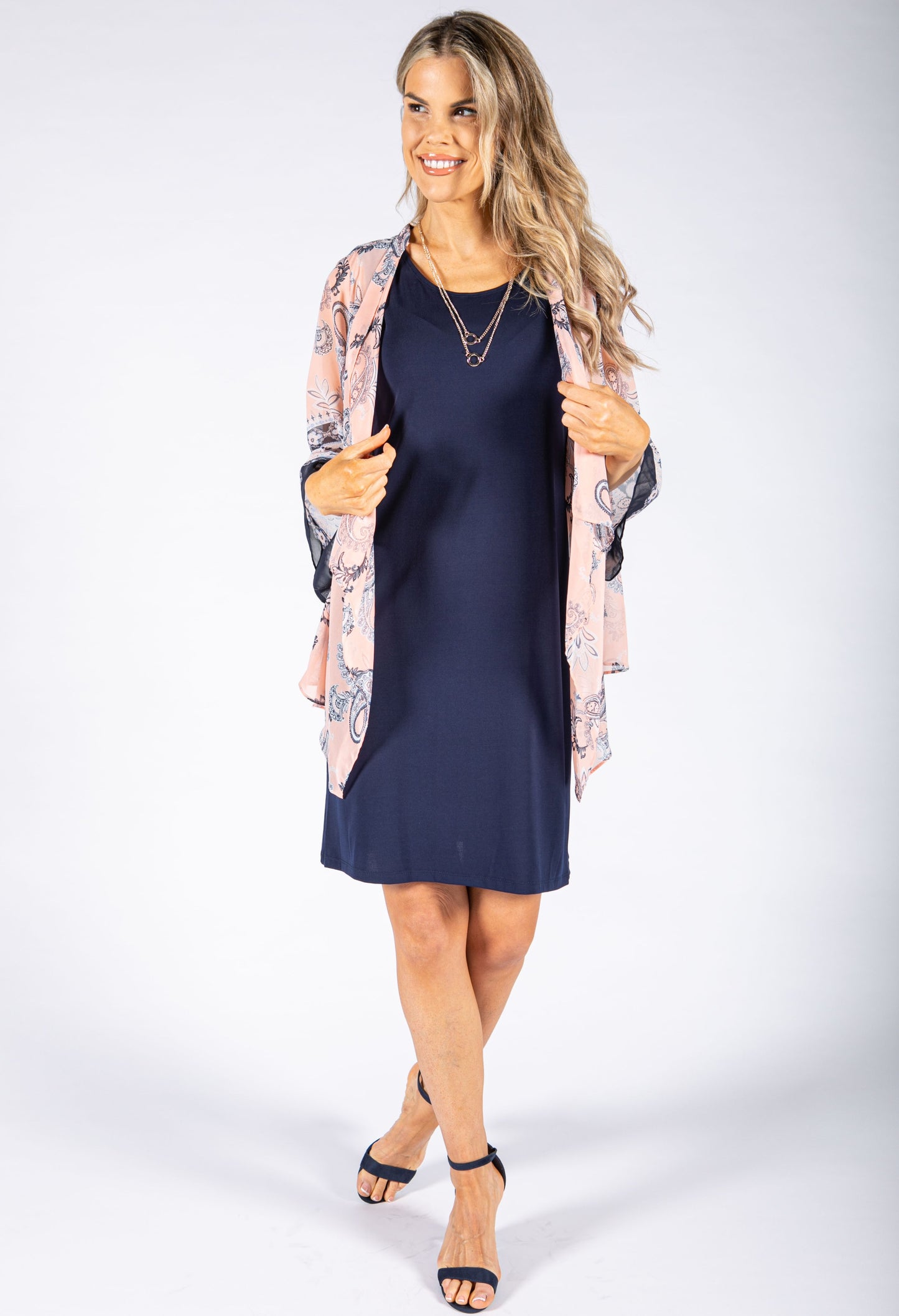 Navy Shift Dress with Coral Cover Up