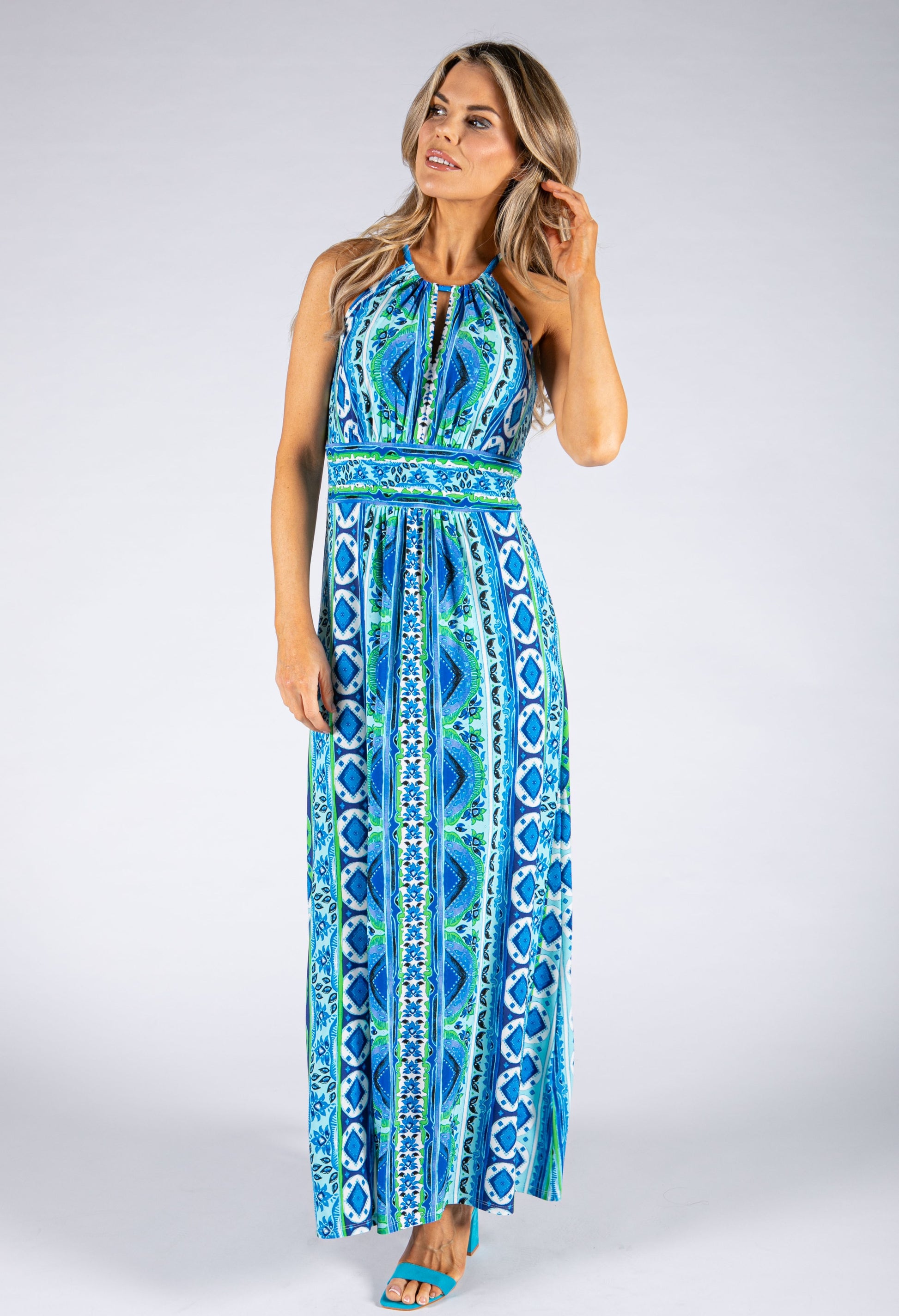 Turquoise Scarf Print Halter Neck Maxi Dress