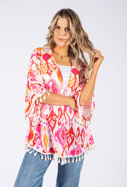 Colour Mix Kimono with Tassel Hem