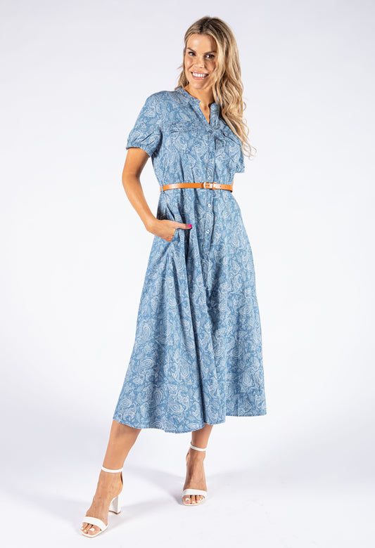 Short Sleeve Paisley Print Denim Dress