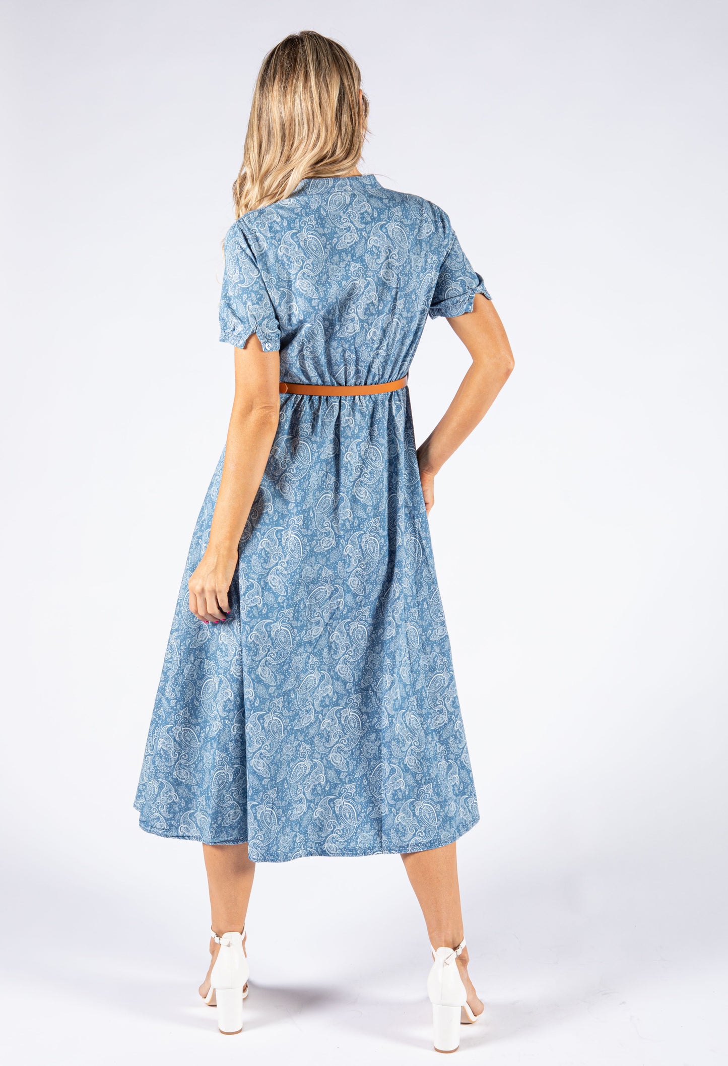 Short Sleeve Paisley Print Denim Dress