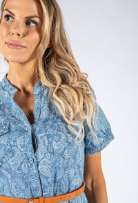 Short Sleeve Paisley Print Denim Dress