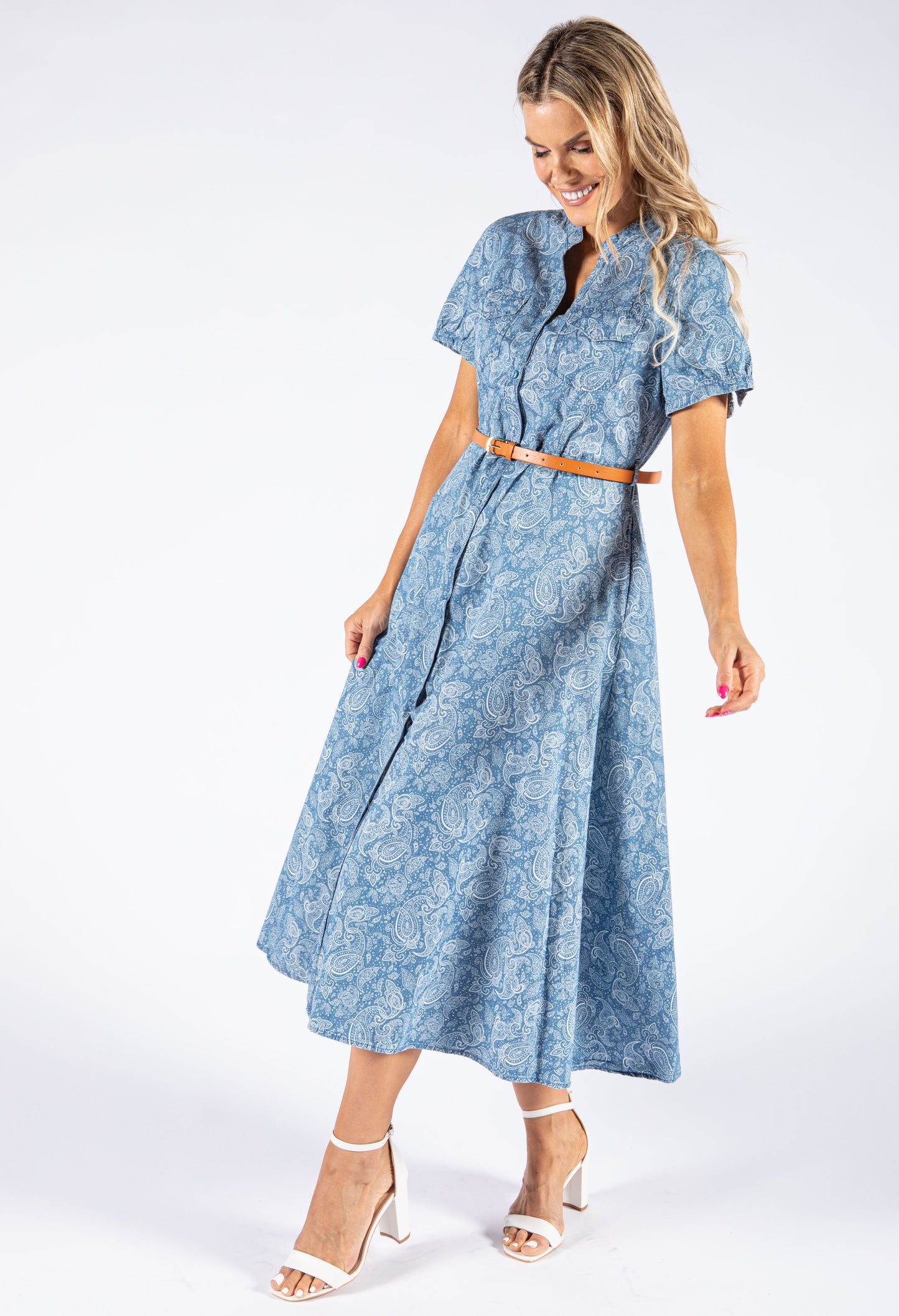 Short Sleeve Paisley Print Denim Dress