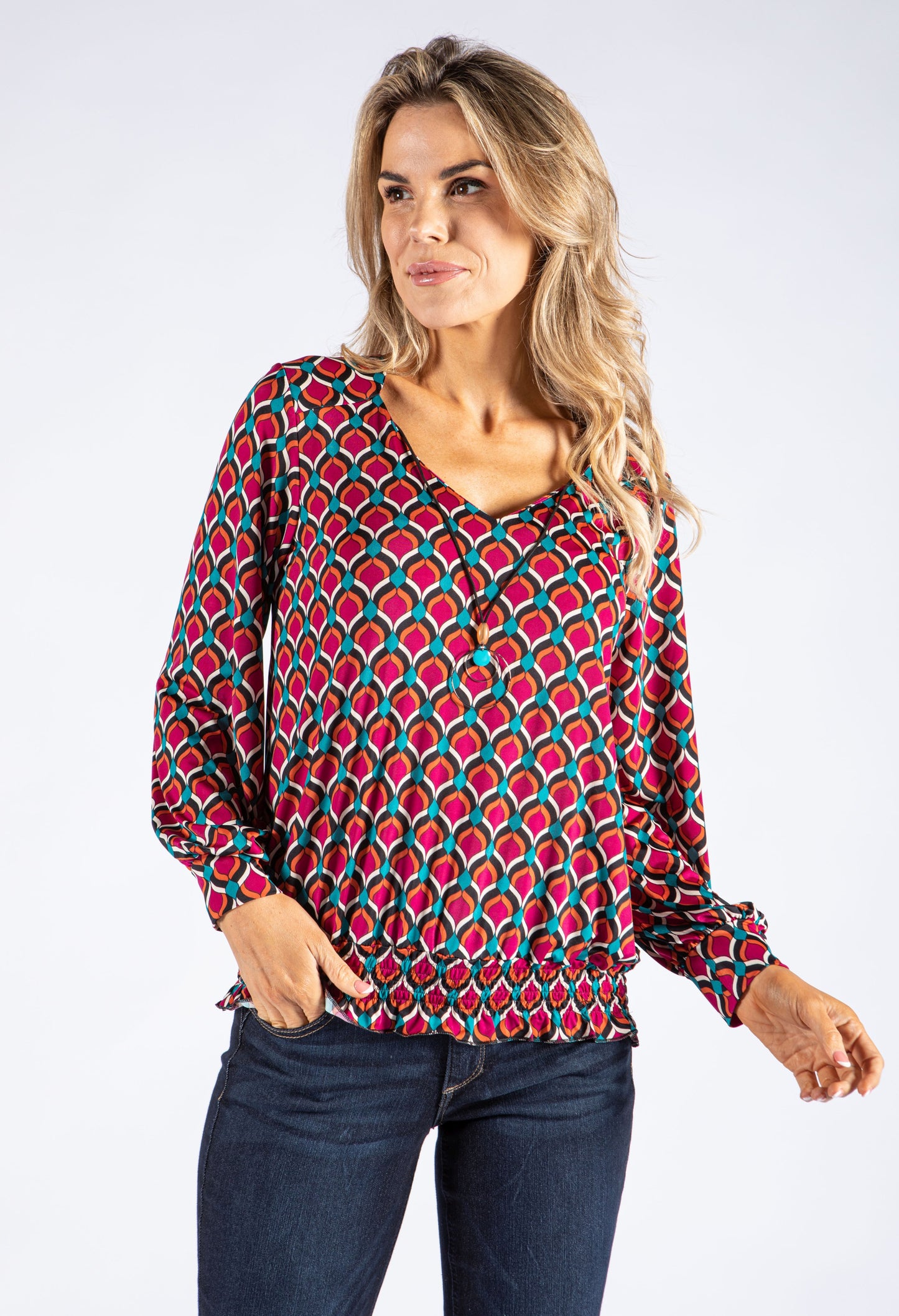 Geometric Print V Neckline Blouse