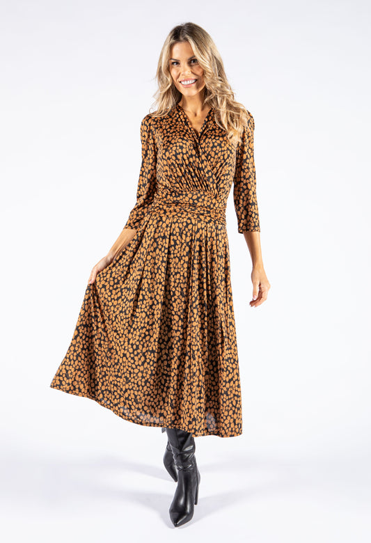 Leaf Print Wrap Bodice Dress