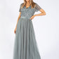 MISTY GREEN V NECK SEQUIN AND TULLE DRESS WITH TIE WAIST