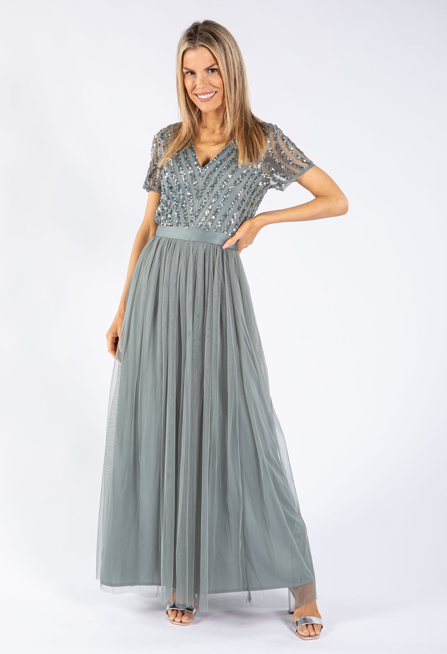 MISTY GREEN V NECK SEQUIN AND TULLE DRESS WITH TIE WAIST