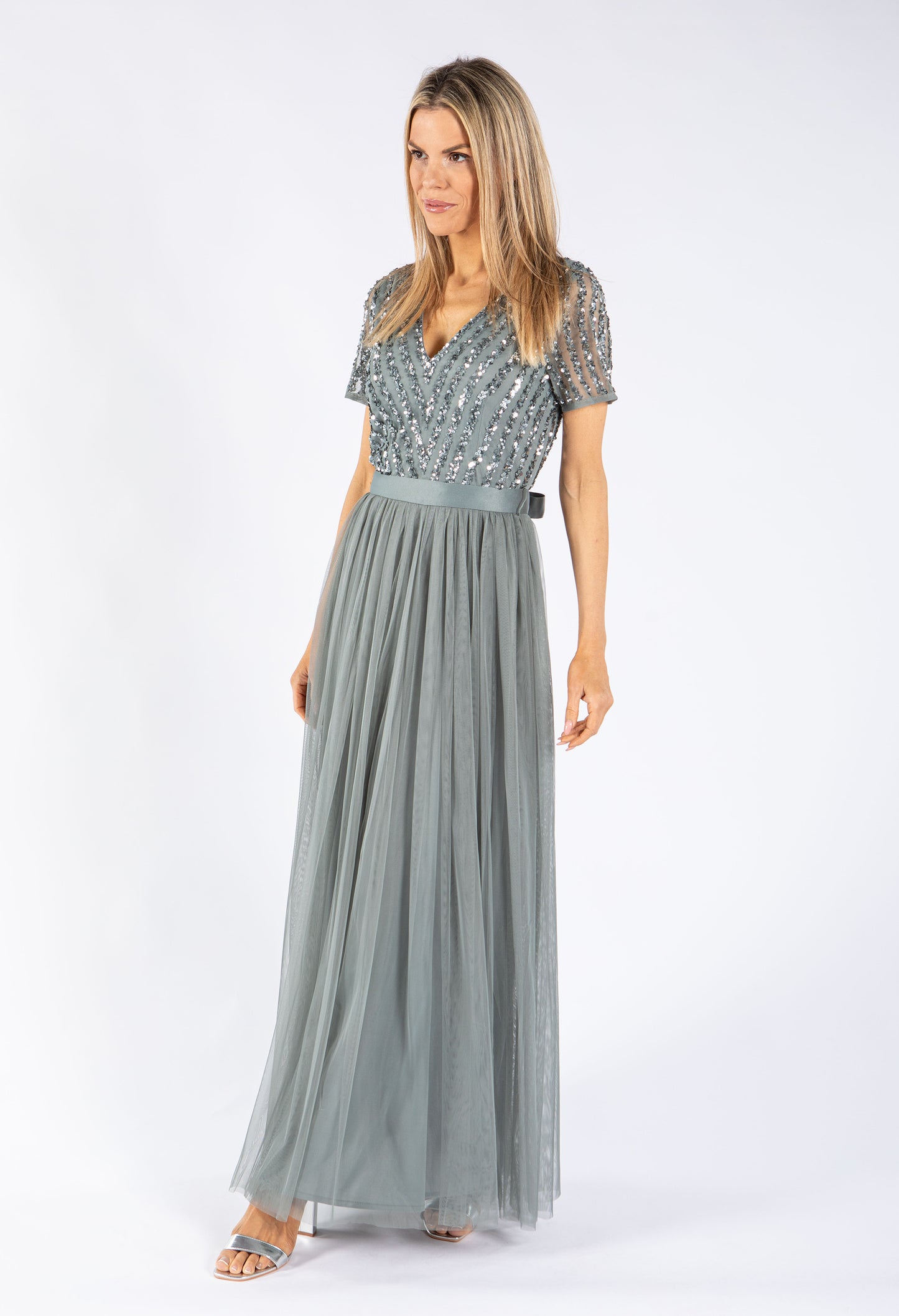 MISTY GREEN V NECK SEQUIN AND TULLE DRESS WITH TIE WAIST