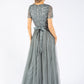 MISTY GREEN V NECK SEQUIN AND TULLE DRESS WITH TIE WAIST