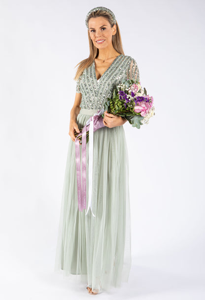 SAGE V NECK SEQUIN AND TULLE DRESS WITH TIE WAIST