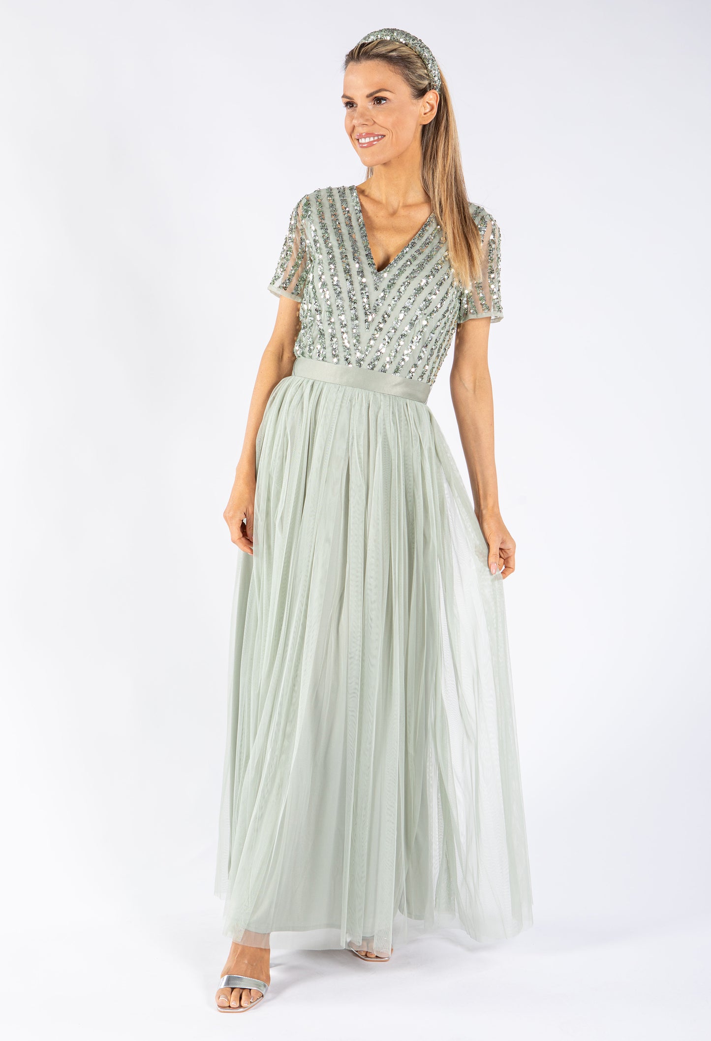 SAGE V NECK SEQUIN AND TULLE DRESS WITH TIE WAIST