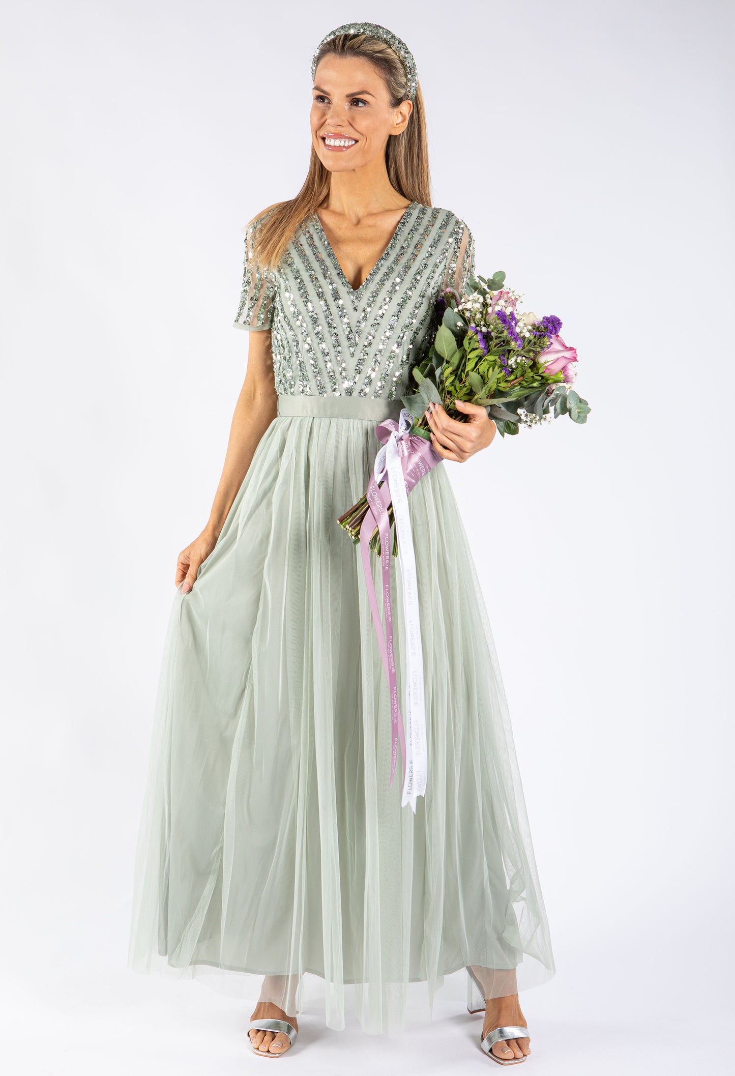 SAGE V NECK SEQUIN AND TULLE DRESS WITH TIE WAIST