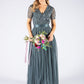 Dusty Teal V Neck Sequin and Tulle Dress with Tie Waist