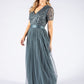 Dusty Teal V Neck Sequin and Tulle Dress with Tie Waist