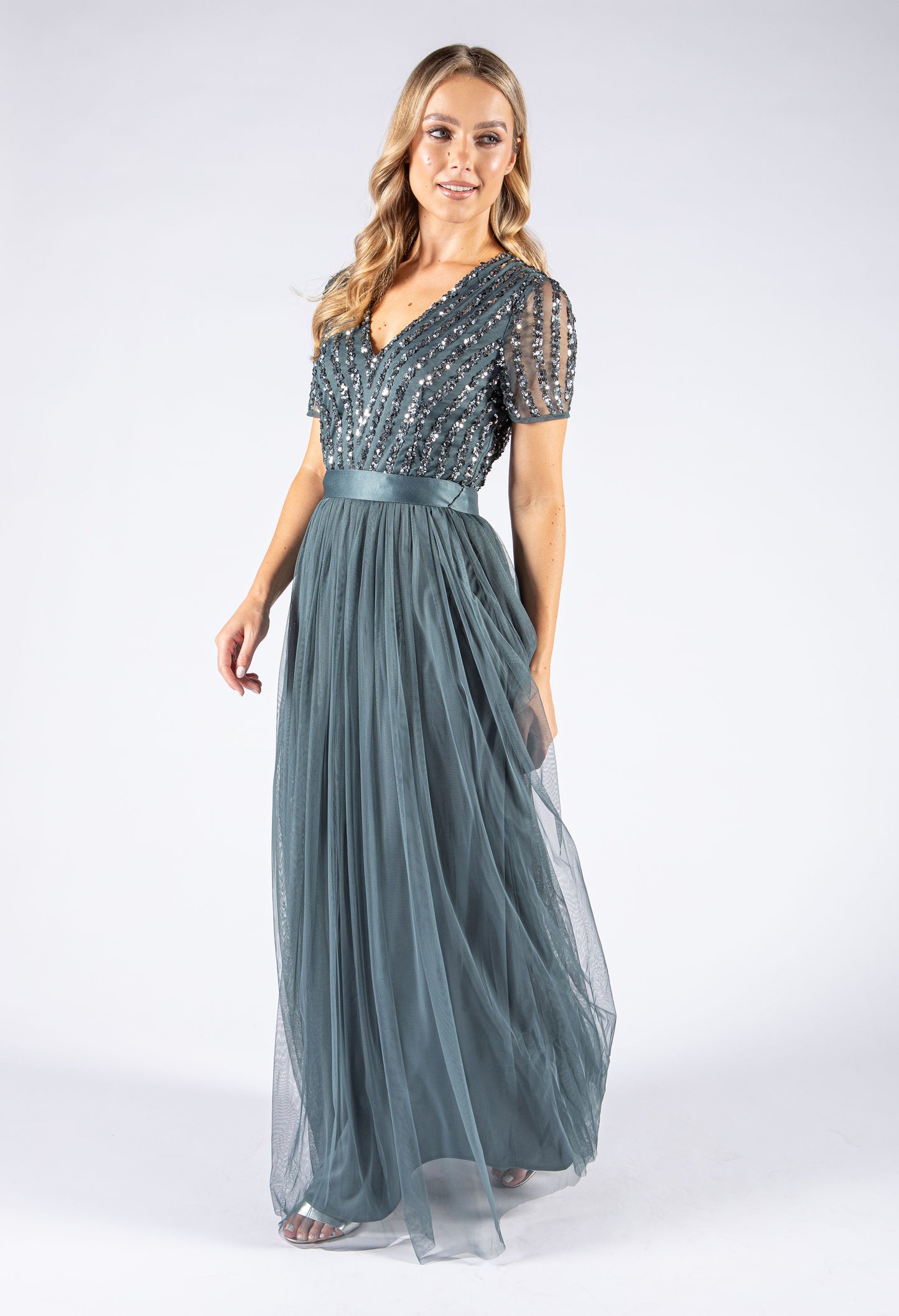 Dusty Teal V Neck Sequin and Tulle Dress with Tie Waist