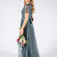 Dusty Teal V Neck Sequin and Tulle Dress with Tie Waist