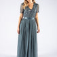 Dusty Teal V Neck Sequin and Tulle Dress with Tie Waist