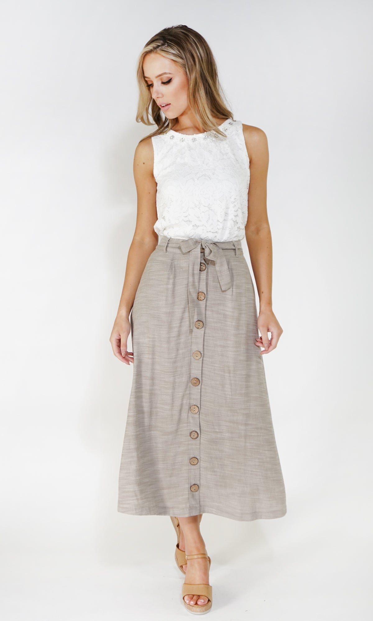 Sophie B linen look button through skirt