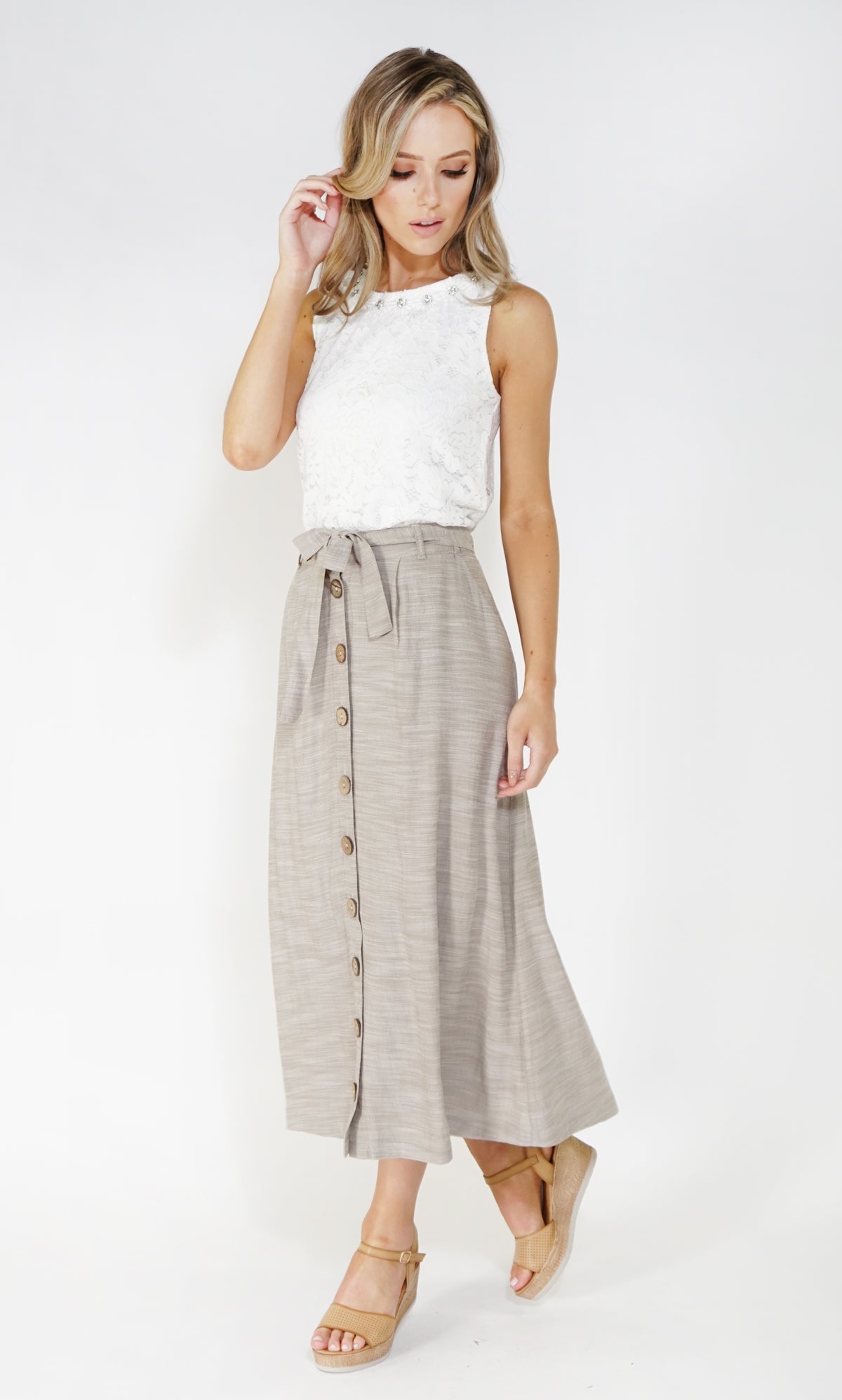 Sophie B linen look button through skirt