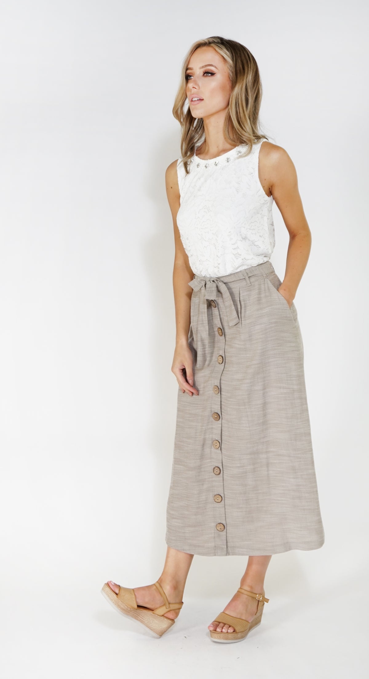 Sophie B linen look button through skirt