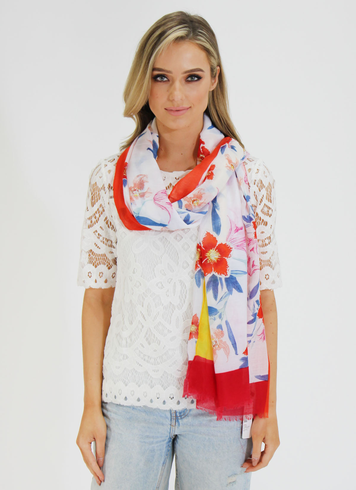 Red & Marine Floral Print Scarf