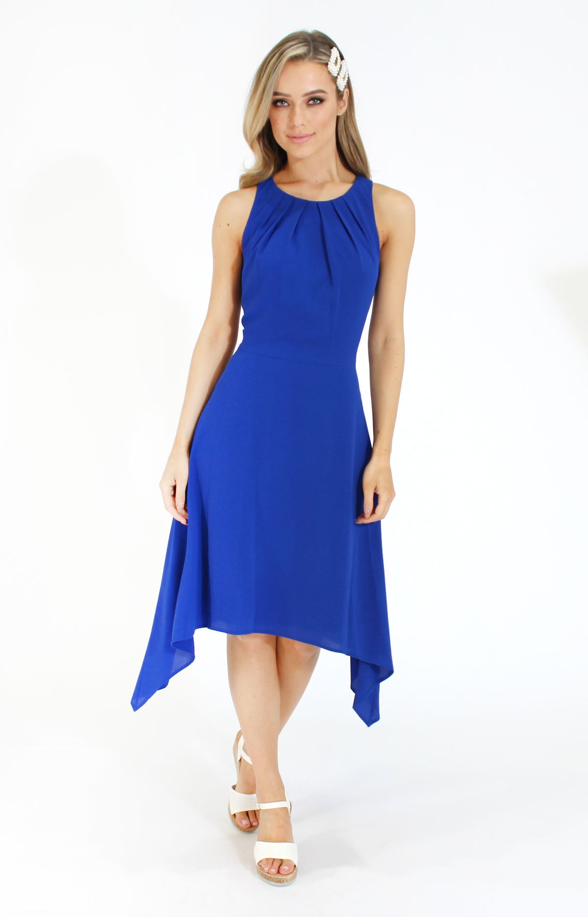 Pleat Detail Blue Dress