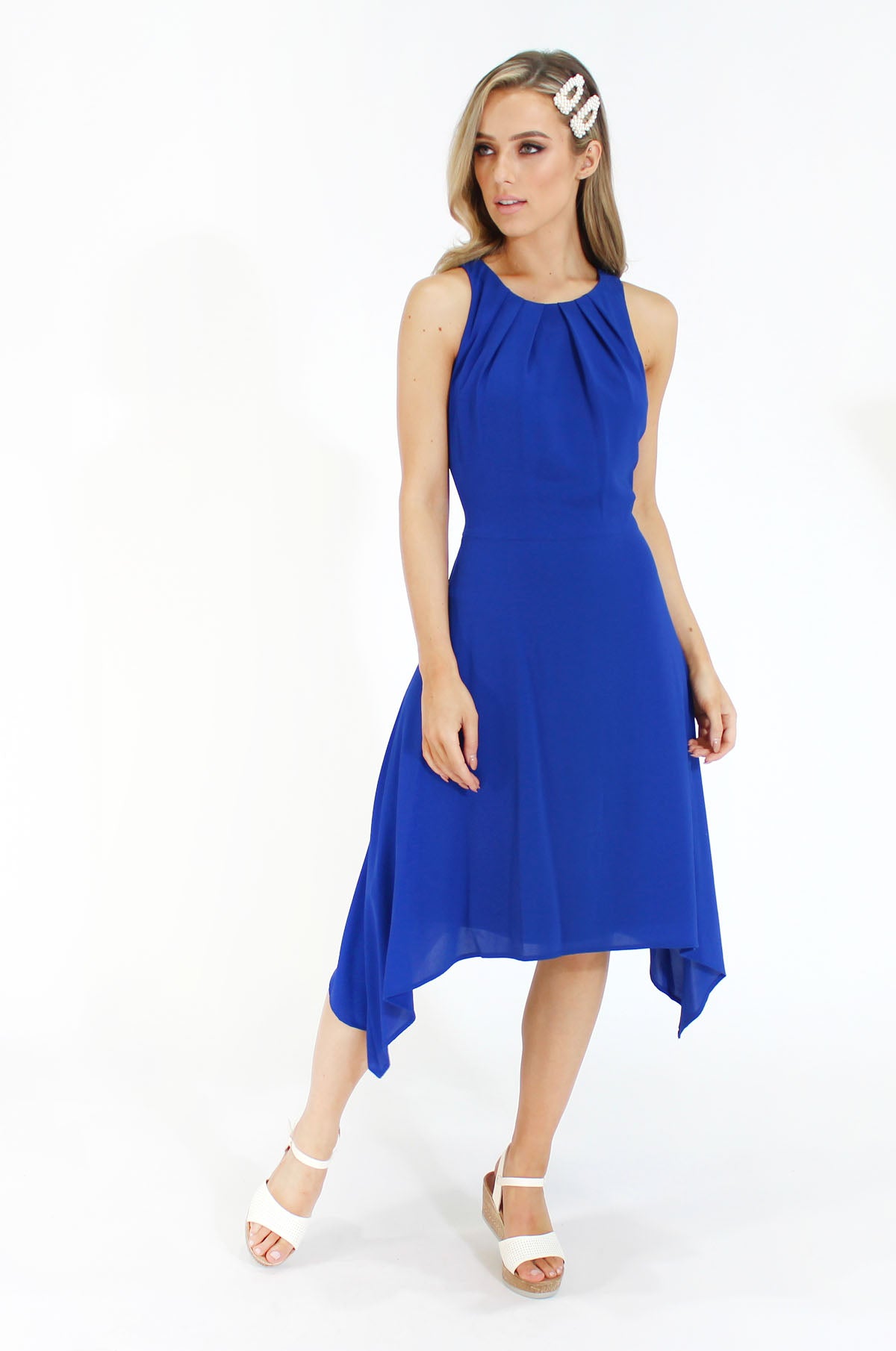 Pleat Detail Blue Dress