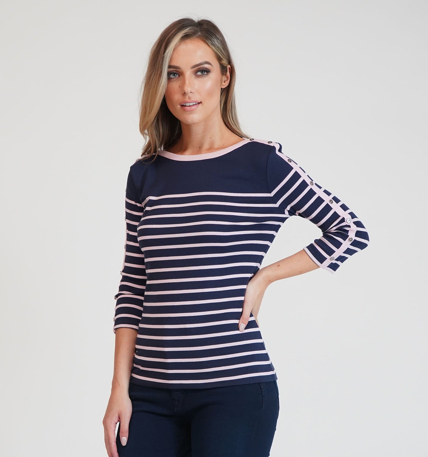 Twist Navy with Pink Stripe Long Sleeve Top