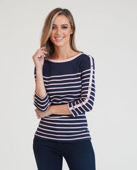 Twist Navy with Pink Stripe Long Sleeve Top