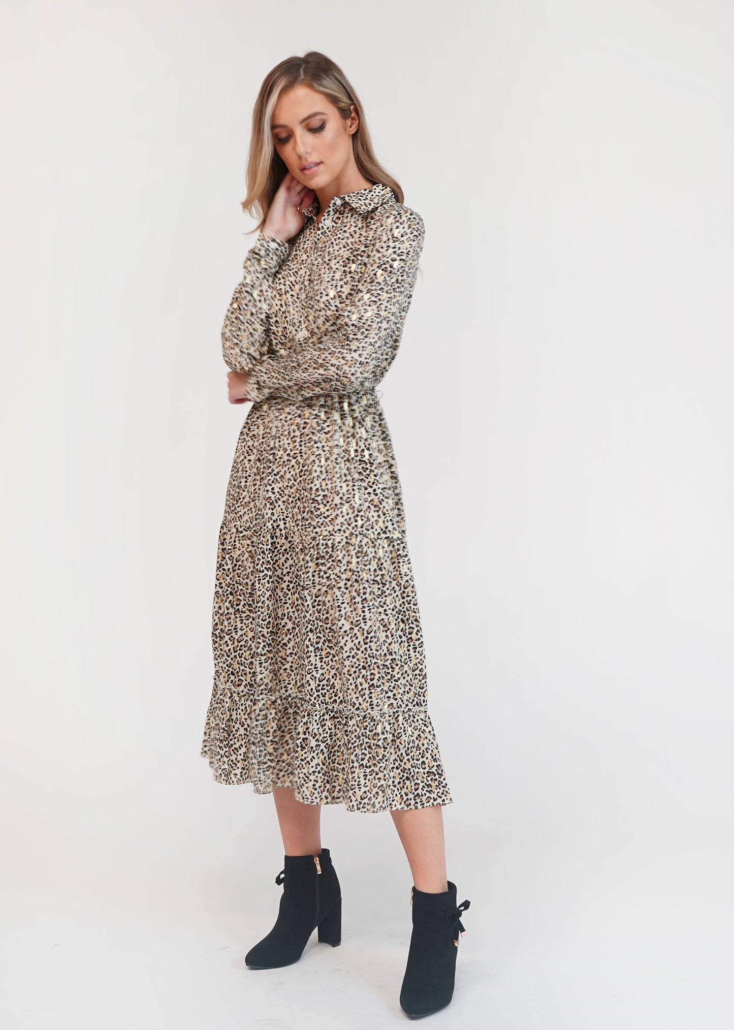 Pamela Scott Leopard Print Shirt Midi Dress