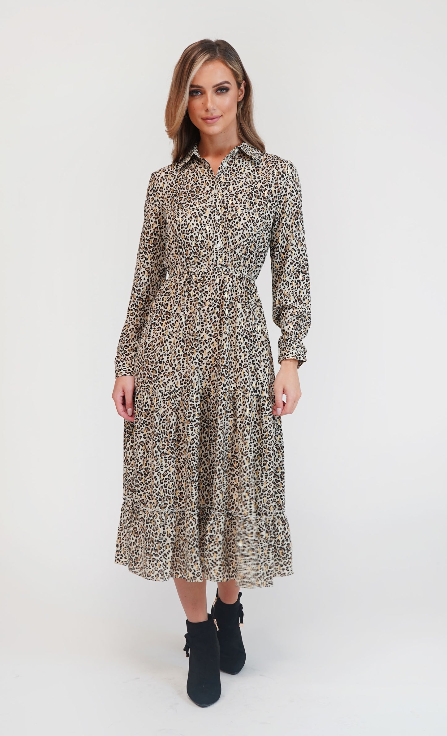 Pamela Scott Leopard Print Shirt Midi Dress