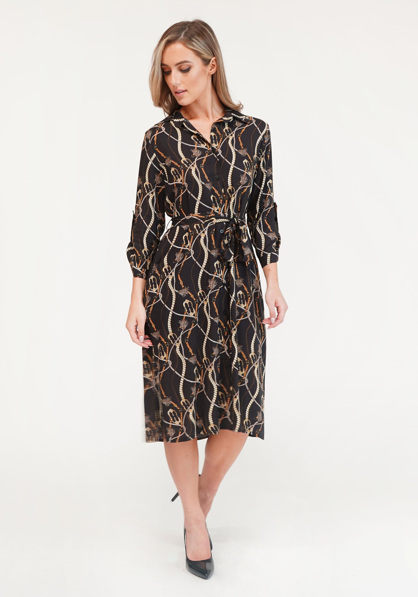 Black Chain Print Button Through Dress