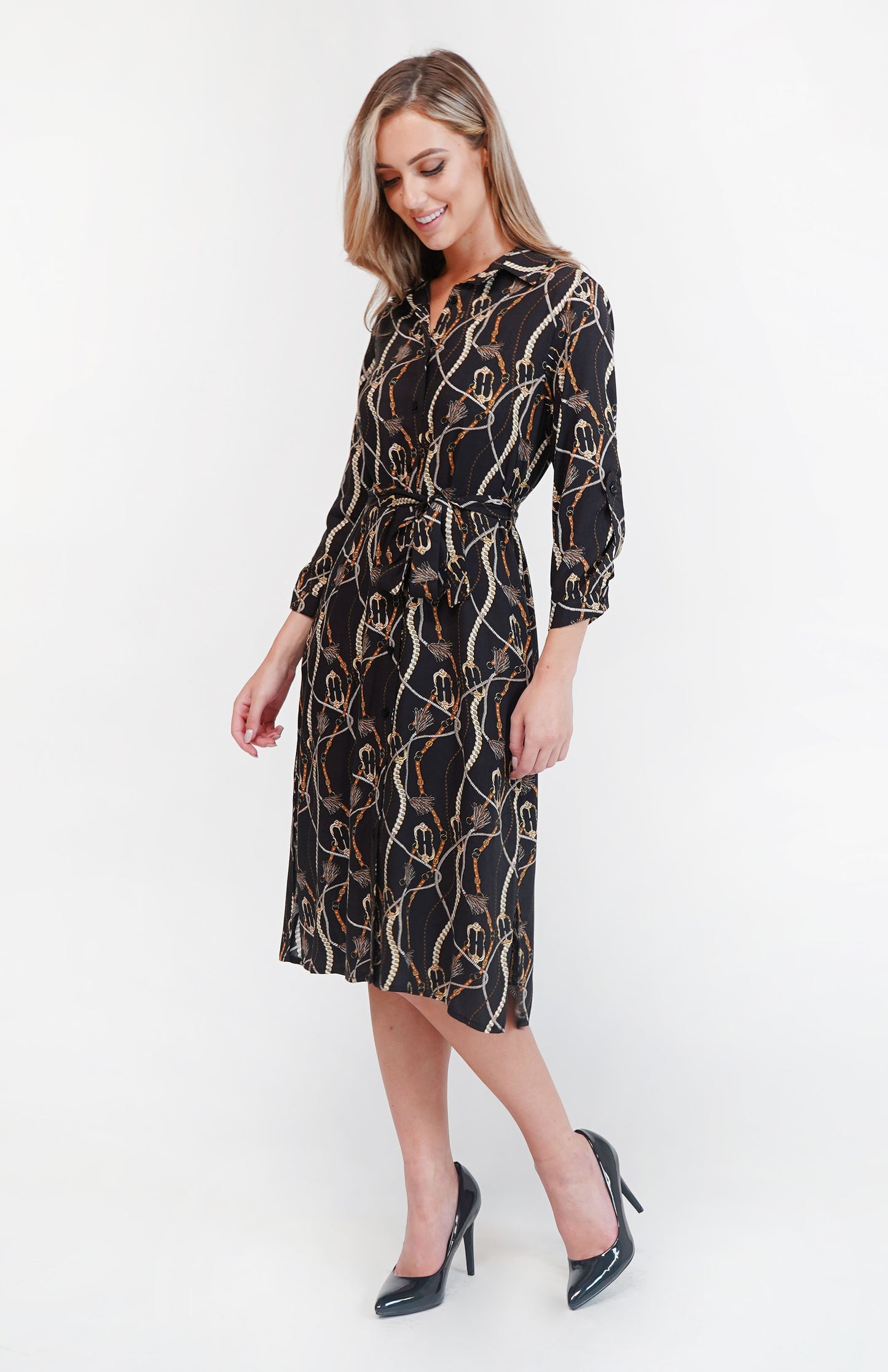 Black Chain Print Button Through Dress