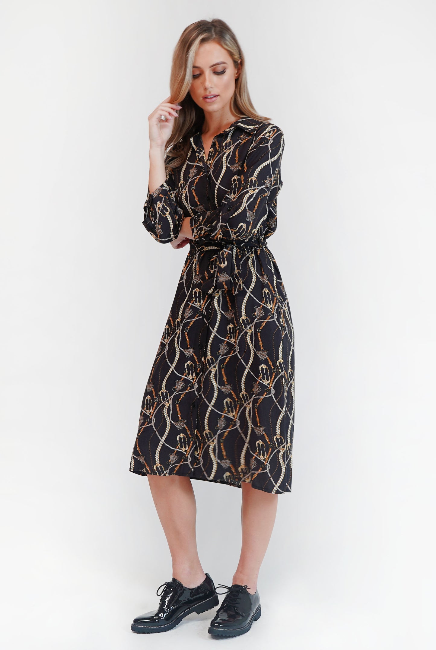 Black Chain Print Button Through Dress