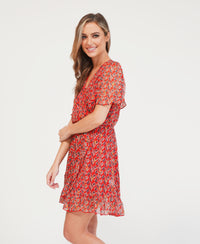 Red Printed Faux Wrap Dress