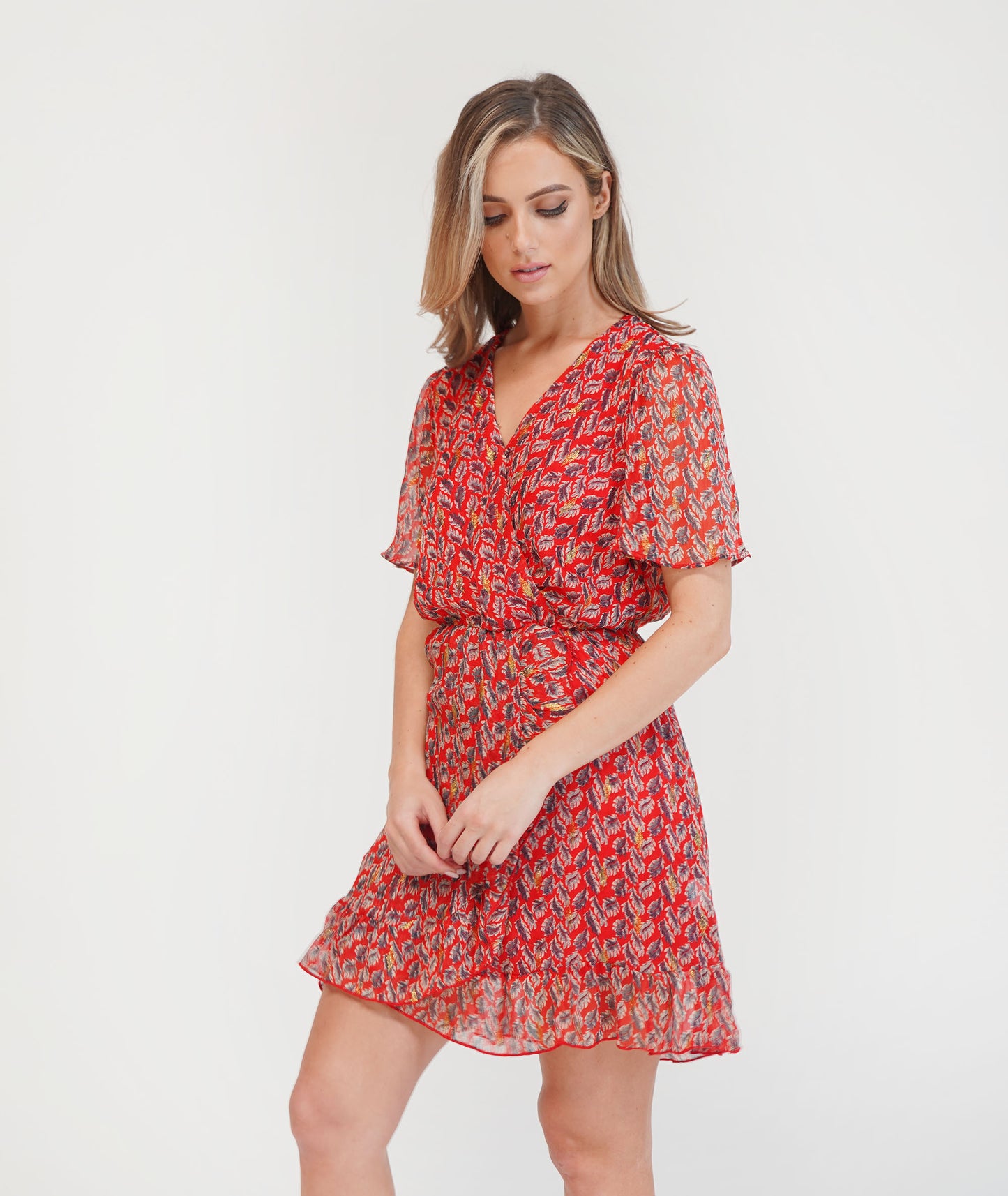 Red Printed Faux Wrap Dress