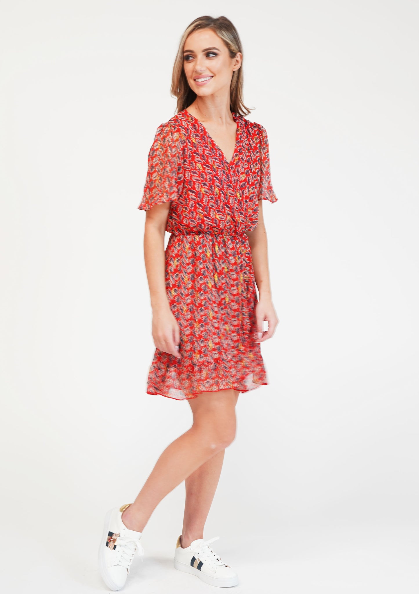 Red Printed Faux Wrap Dress