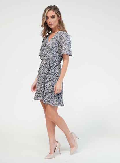 Blue Printed Faux Wrap Dress