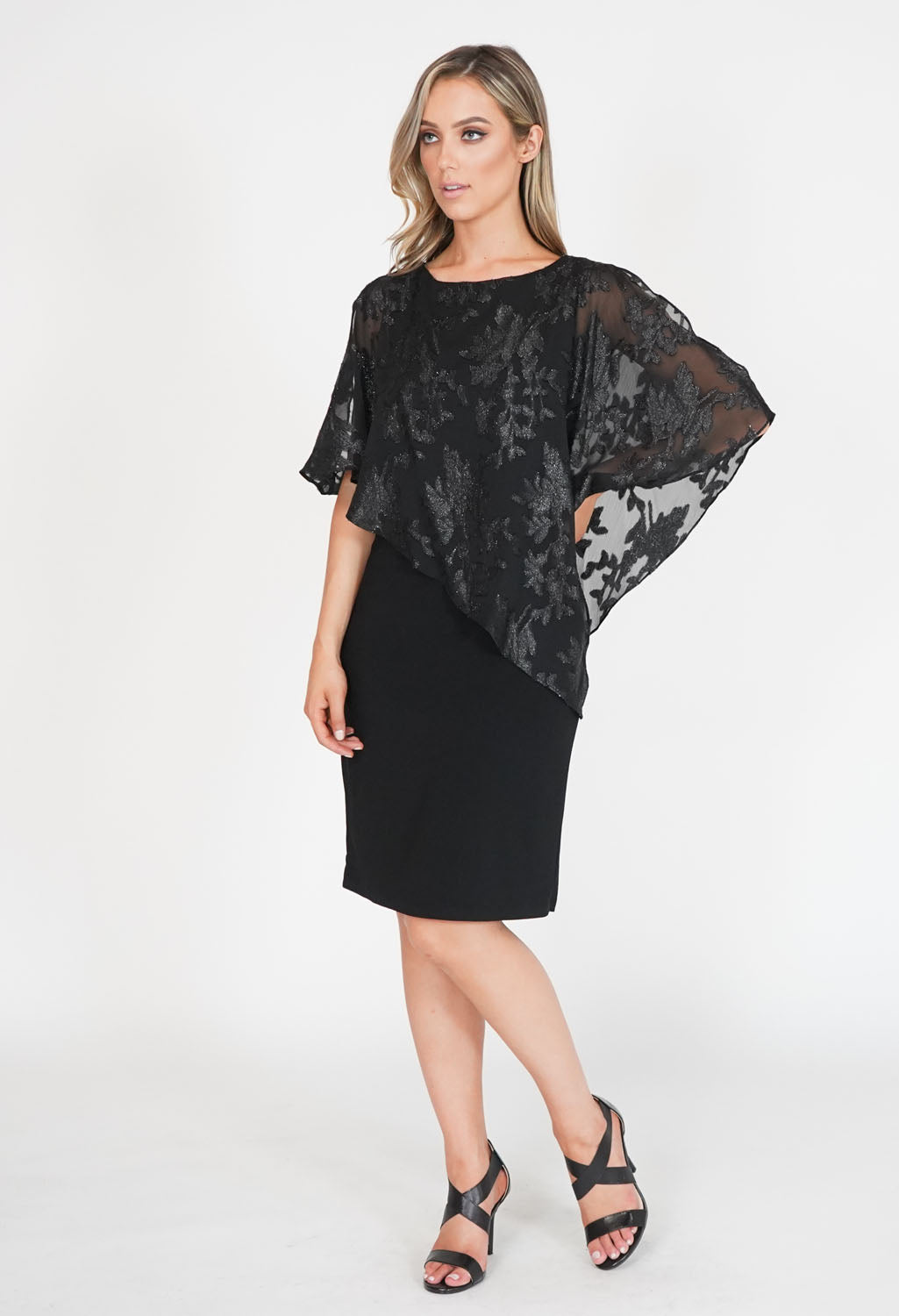 Black Metallic Leaf Pattern Cape Dress