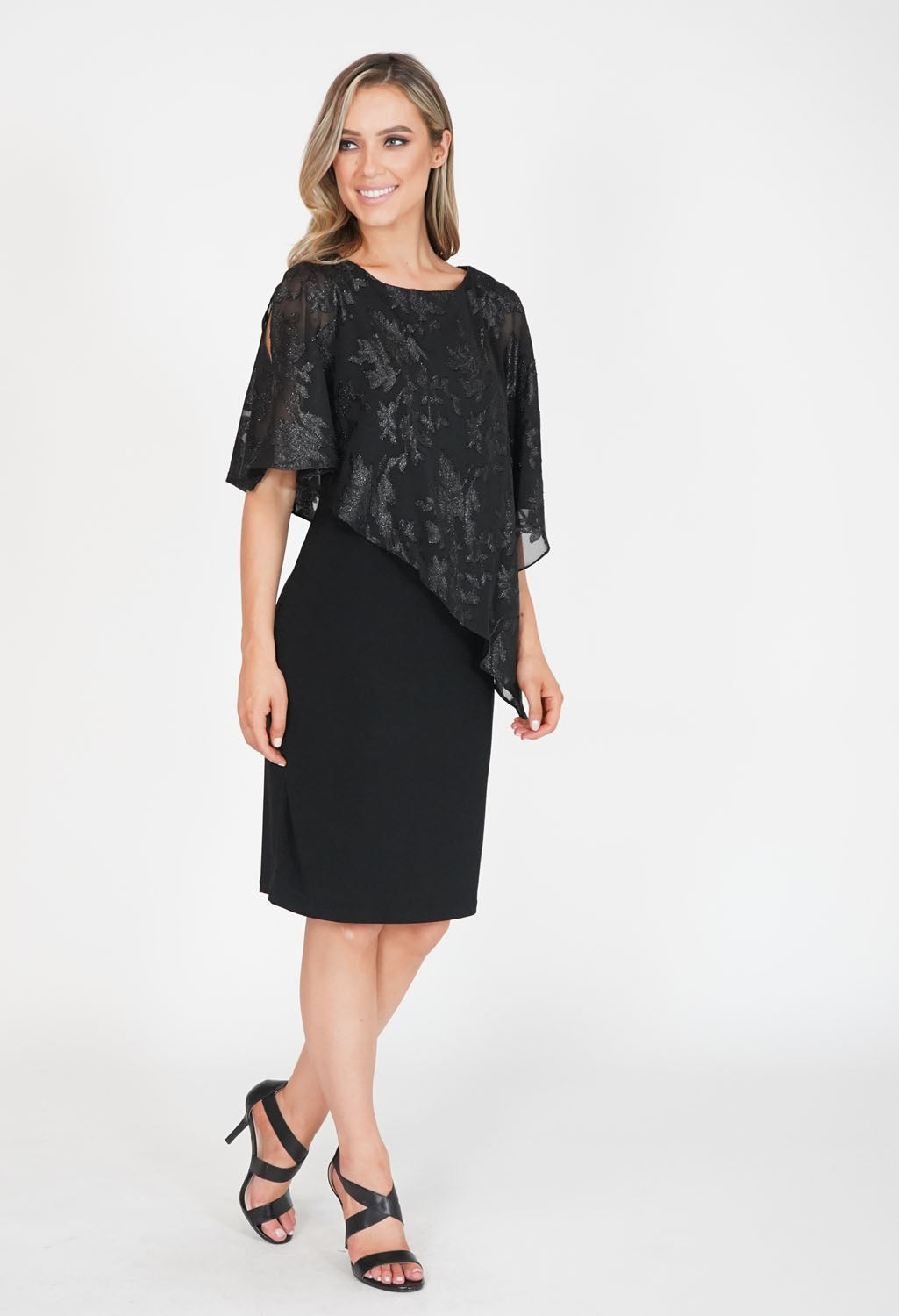 Black Metallic Leaf Pattern Cape Dress