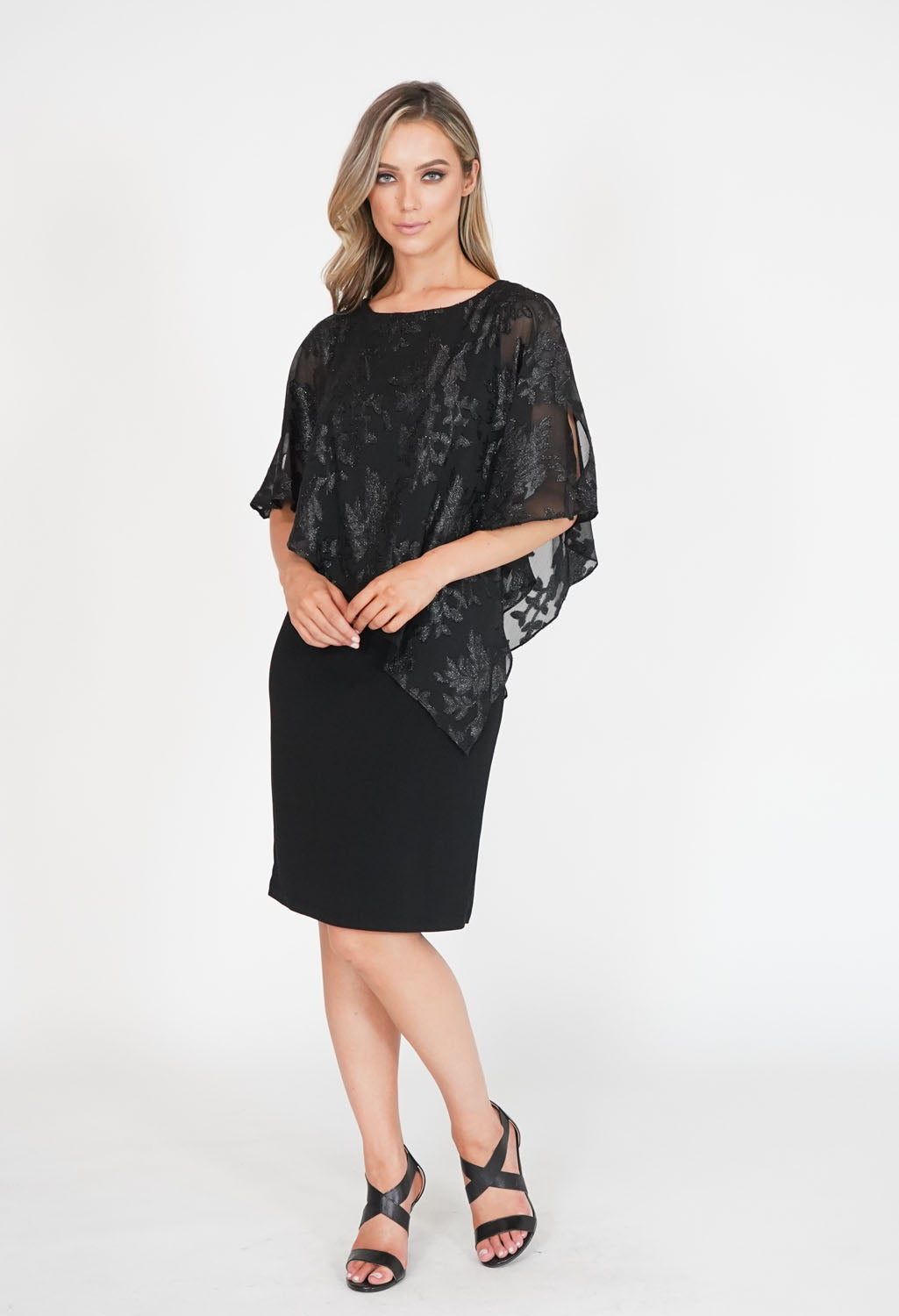 Black Metallic Leaf Pattern Cape Dress