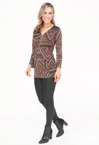 Black/Rust Pattern Top with Zip Detail