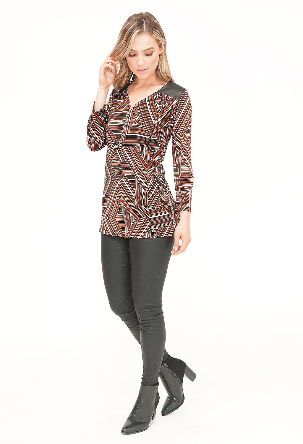 Black/Rust Pattern Top with Zip Detail