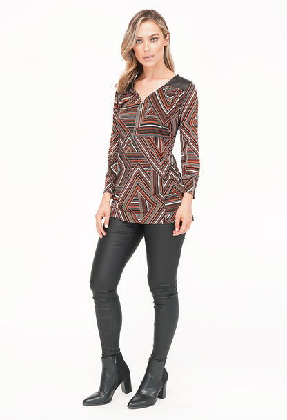 Black/Rust Pattern Top with Zip Detail